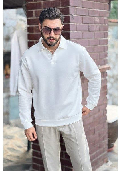 Erkek Beyaz Polo Yakalı Pamuklu Yumuşak Kalın Kumaşlı Oversize Sweatshirt fiyatları