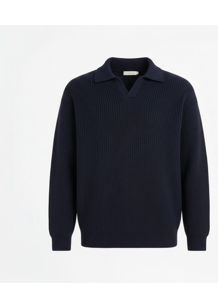 Oversize Gömlek Polo Yaka Selanik Örgülü Erkek Triko Kazak