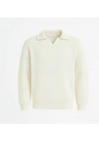 Oversize Gömlek Polo Yaka Selanik Örgülü Erkek Triko Kazak