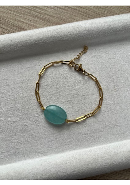 Oval Akuamarin Taşı Çelik Bileklik El Yapımı