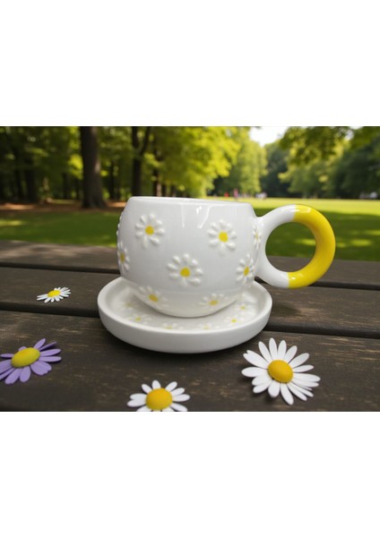 Seramik El Yapımı Çayır Papatya Desenli Çay/kahve Fincanı