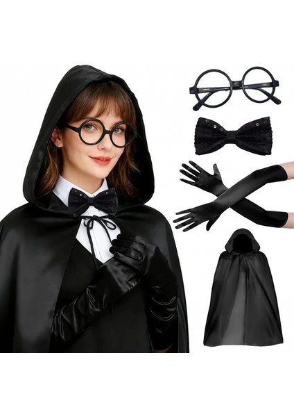 Siyah Kapüşonlu Büyücü ve Cadı Pelerin Kostüm Seti (4 Parça)