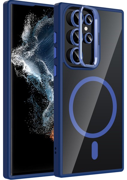 Samsung Galaxy S22 Ultra Kılıf Standlı ve Kamera Lens Hediyeli M-Safe Şarj Özellikli Etro Kapak