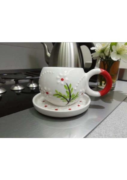 Seramik El Yapımı Kırmızı Papatya Desenli Çay/kahve Fincanı