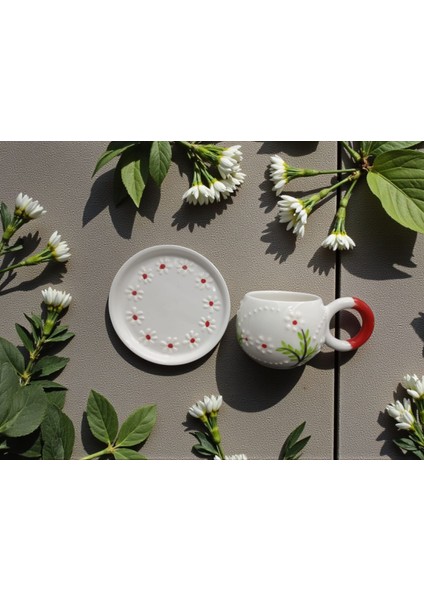 Seramik El Yapımı Kırmızı Papatya Desenli Çay/kahve Fincanı modelleri