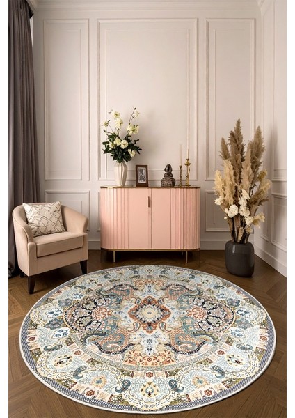 Zeminde Bir Dönüş Yuvarlak Medalyonlu Halı Tasarımı - Kaymaz Taban