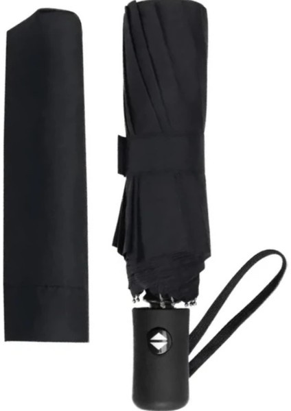 Unisex Fiber Telli Rüzgara Dayanıklı Katlanabilir Tam Otomatik Siyah Cep Şemsiye