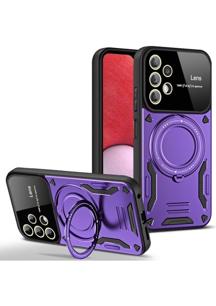 Samsung Galaxy A32 Kılıf Manyetik Standlı Joy Lens Premium Tank Silikon Kapak - Mor