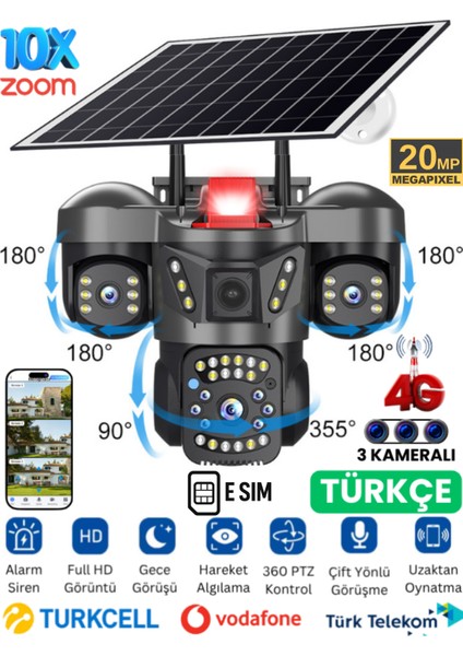 RX66G Solar Güvenlik Kamerası Türkçe 4G Sim Kartlı PTZ Hareketli Gece Görüşlü Güneş Panelli Kamera