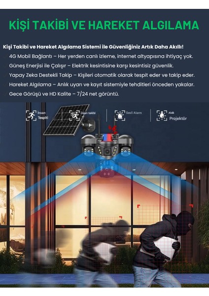 RX66G Solar Güvenlik Kamerası Türkçe 4G Sim Kartlı PTZ Hareketli Gece Görüşlü Güneş Panelli Kamera