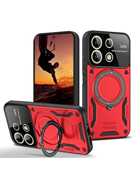 Redmi 13 4g Kılıf Manyetik Standlı Joy Lens Premium Tank Silikon Kapak - Kırmızı