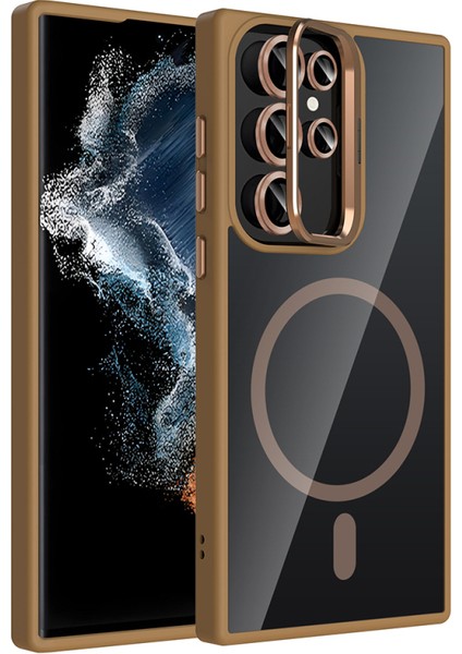 Samsung Galaxy S23 Ultra Kılıf Standlı ve Kamera Lens Hediyeli M-Safe Şarj Özellikli Etro Kapak
