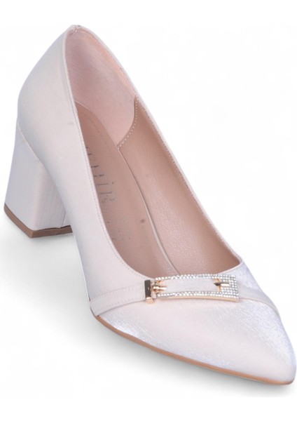Nhr3 Krem Saten Kadın 8cm Topuklu Ayakkabı
