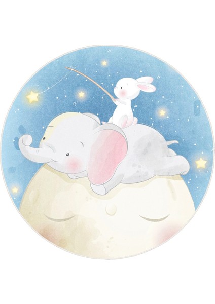 Ay Üstünde Bir Masal Tavşanlı ve Fil Temalı Yuvarlak Kaymaz Taban Halı fırsatları