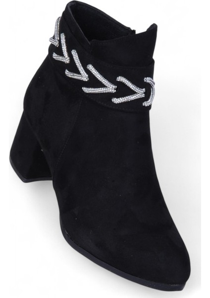 BY14 Süet Siyah Ayışığı Kadın 7cm Topuklu Bot