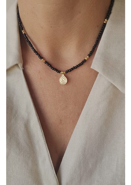 Paslanmaz Çelik Özel Tasarım Siyah Boncuk&dorika Bohem Kolye