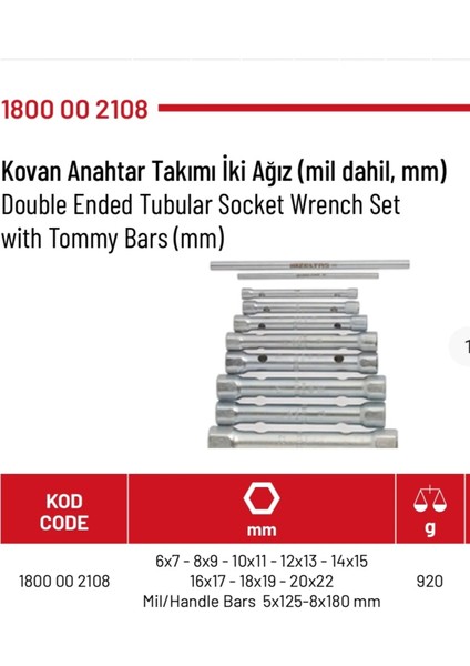 Kovan Anahtar Takımı 10 Parça