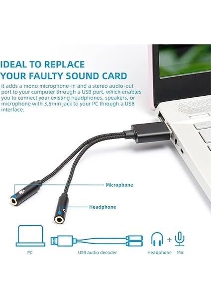 To Ikili 3.5mm Jack Adapter - USB Den Kulaklık ve Microphone Çıkış Almanızı Sağlar - Ses Kartlı Pc Bilgisayar Notebook Uyumlu indirimleri