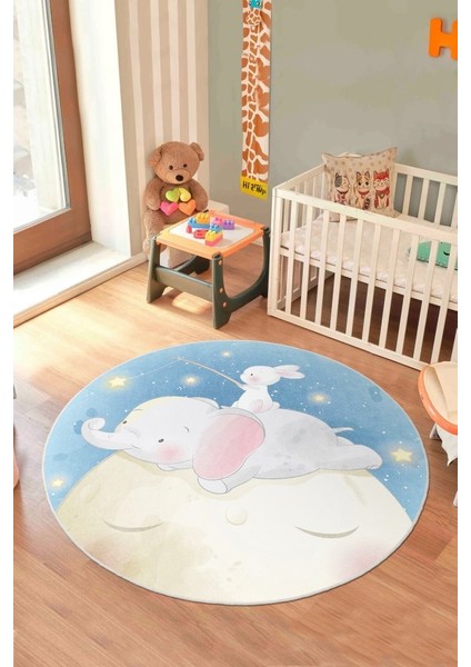 Ay Üstünde Bir Masal Tavşanlı ve Fil Temalı Yuvarlak Kaymaz Taban Halı modelleri
