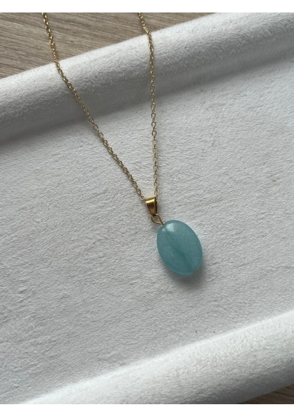 Oval Akuamarin Taşı Altın Kaplama Kolye El Yapımı