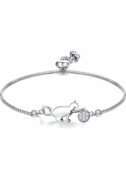 925 Ayar Asansörlü Boyu Ayarlanabilir Kedi Figürlü Taşlı Gümüş Bileklik