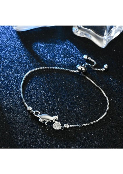925 Ayar Asansörlü Boyu Ayarlanabilir Kedi Figürlü Taşlı Gümüş Bileklik fiyatları