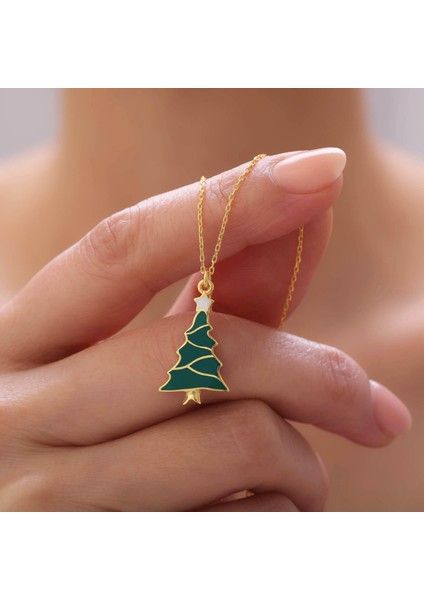 925 Ayar Gümüş Yılbaşı Hediyesi Mineli Çam Ağacı Kolye