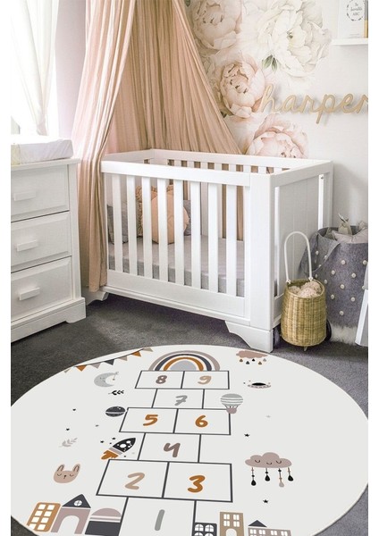 Ayda Oyun Var: Seksek Desenli Eğlenceli Yuvarlak Çocuk Halısı - Kaymaz Taban modelleri