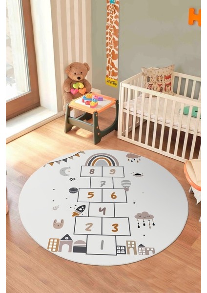 Ayda Oyun Var: Seksek Desenli Eğlenceli Yuvarlak Çocuk Halısı - Kaymaz Taban fiyatları