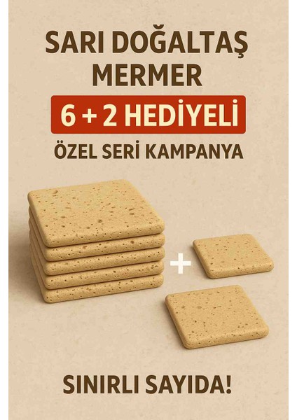 Doğaltaş Sarı Mermer Bardak Altlığı 6+2 Hediyeli Set – Şık ve Dayanıklı