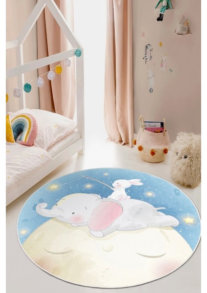 Ay Üstünde Bir Masal Tavşanlı ve Fil Temalı Yuvarlak Kaymaz Taban Halı fiyatları