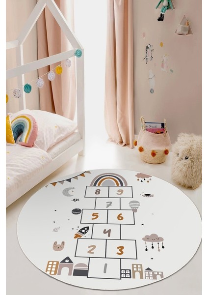 Ayda Oyun Var: Seksek Desenli Eğlenceli Yuvarlak Çocuk Halısı - Kaymaz Taban