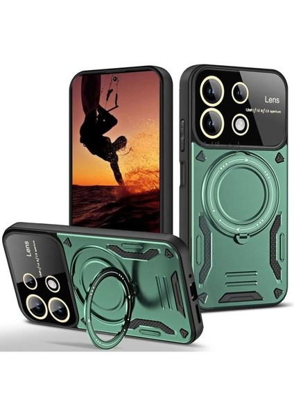 Redmi 13 4g Kılıf Manyetik Standlı Joy Lens Premium Tank Silikon Kapak - Koyu Yeşil