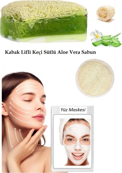 3'lü Set Kabak Lifli Yüz Pedi Kabak Lifli Keçi Sütlü Aloevera Sabun Canlandırıcı Cilt Bakım Maske