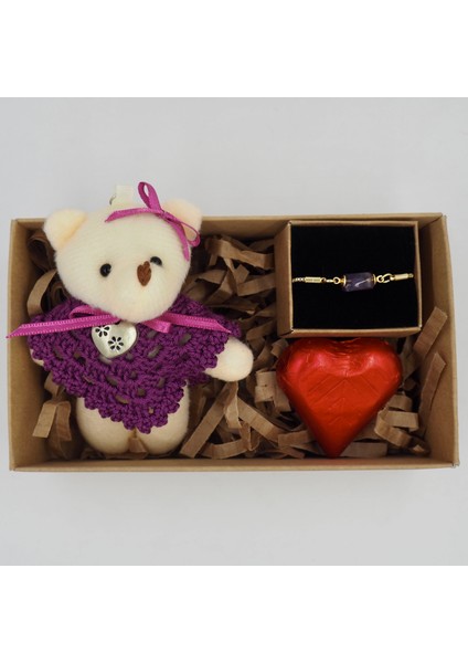 Sevdiğinize Özel Ayıcık Anahtarlık ve Doğal Amatist Taşlı Bileklik Hediye Seti