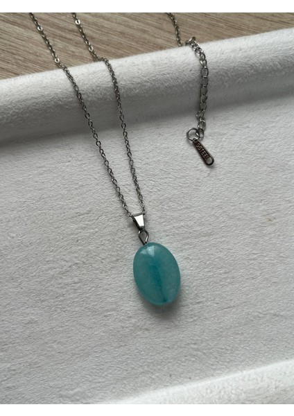 Oval Akuamarin Taşı Gümüş Çelik Kolye El Yapımı 316L