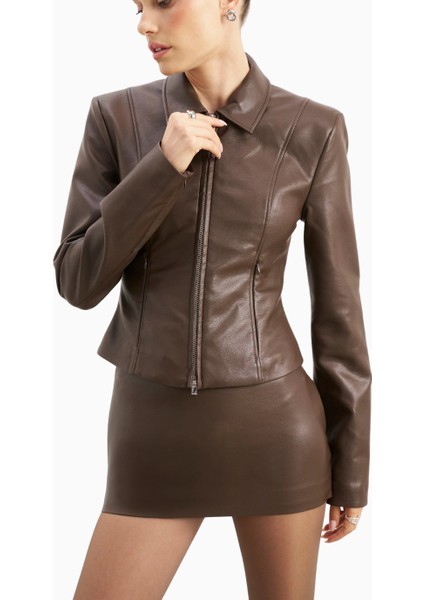 90's Slim Fit Leather Jacket Minimal Deri Kadın Ceket