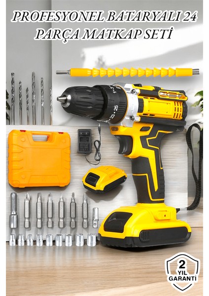 Zeroshop 24 Parça Çift Bataryalı Şarjlı Matkap Seti 24W Motor ve Otomatik Mil Kilitli Tasarım fiyatları