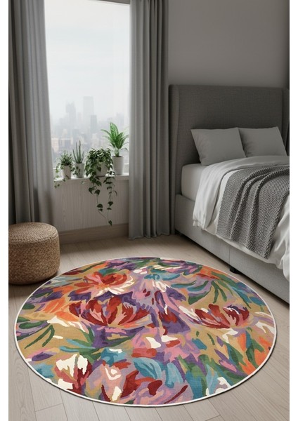Zeminde Bir Tablo Fırça Dokunuşlu Modern Halı Tasarımı Yuvarlak Kaymaz Taban