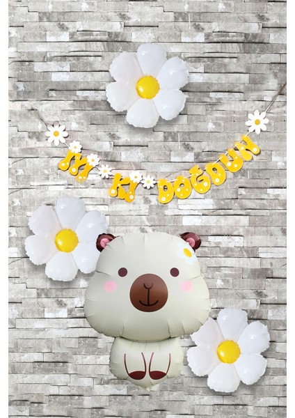 Kapibara Konsept Papatyalı Doğum Günü Balon Seti Banner ve Papatya Balonlu Capybara Balon Seti