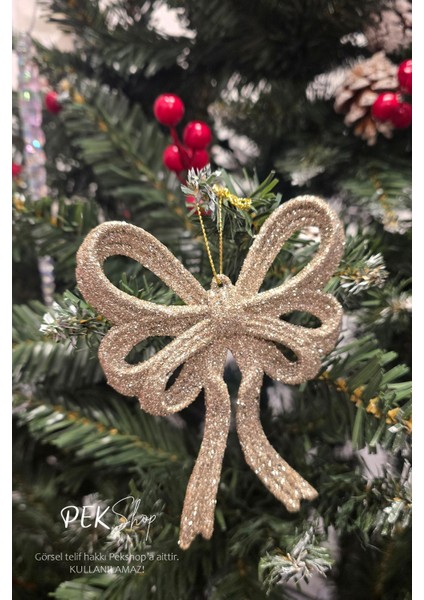 Simli Rose Büyük Fiyonk Yılbaşı Ağaç Süsü Rose Tekli Lüks Yılbaşı Süsü