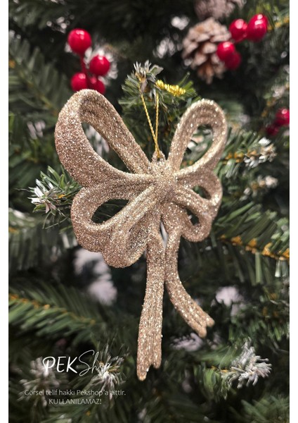 Simli Rose Büyük Fiyonk Yılbaşı Ağaç Süsü Rose Tekli Lüks Yılbaşı Süsü modelleri