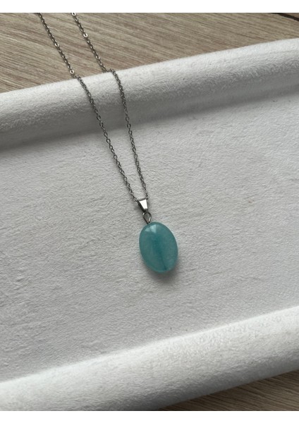 Oval Akuamarin Taşı Gümüş Kaplama Kolye El Yapımı