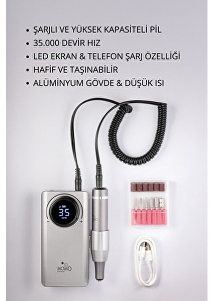 Şarjlı Freze Tırnak Manikür Makinesi Alüminyum Gövde ile 35.000 Devir/Dakika