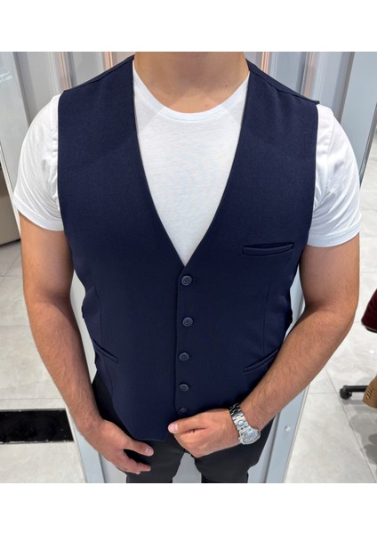 Erkek V Yaka Slim Fit Full Kumaş Yelek