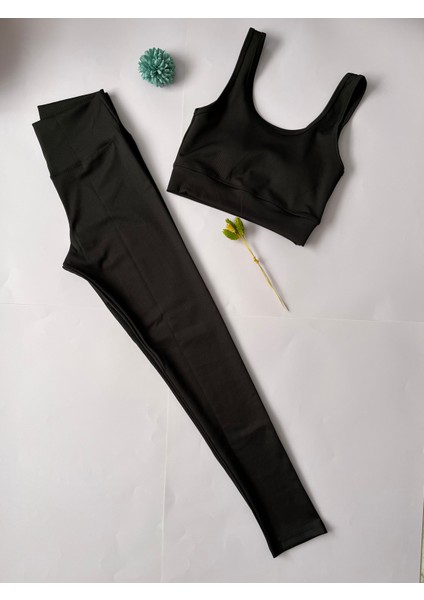 Kadın Spor Tayt Pedli Crop Büstiyer Kalın Askılı Fitilli Dalgıç Alt Üst Takım 2 'li Kota Siyah Renk