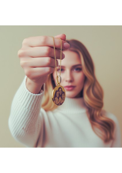 316L Paslanmaz Çelik Fotoğraflı Isimli Kişiye Özel Aile Kolyesi Altın Renk Yuvarlak Plaka modelleri