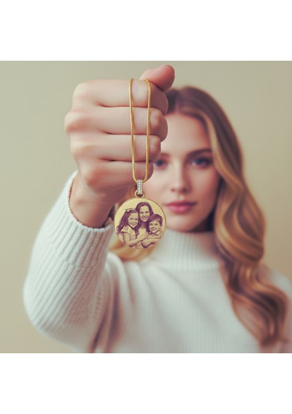 316L Paslanmaz Çelik Fotoğraflı Isimli Kişiye Özel Aile Kolyesi Altın Renk Yuvarlak Plaka fırsatları