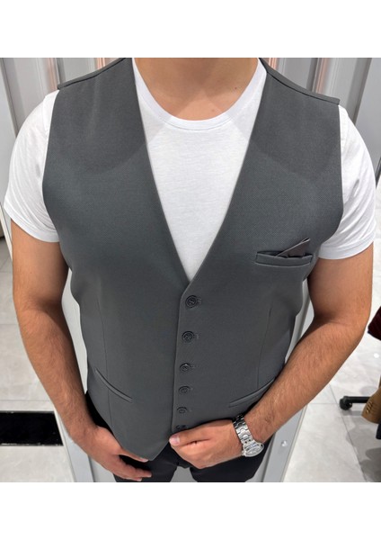 Erkek V Yaka Slim Fit Full Kumaş Yelek