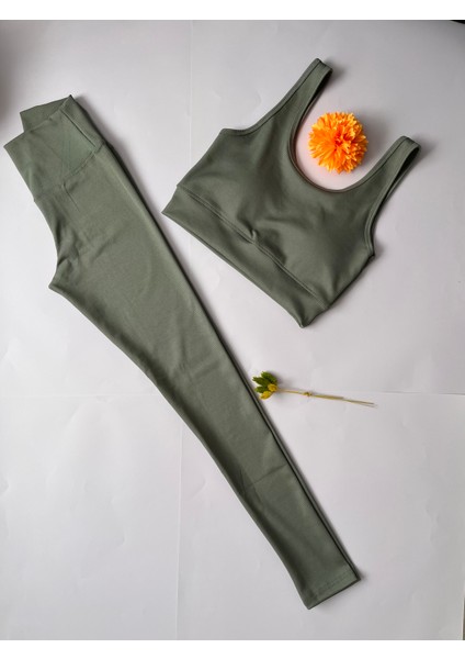 Kadın Spor Tayt Pedli Crop Büstiyer Kalın Askılı Fitilli Dalgıç Alt Üst Takım 2 'li Kota Yeşil Renk